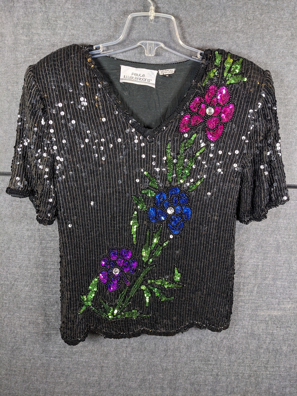 Black Sequin Floral V-Neck Top